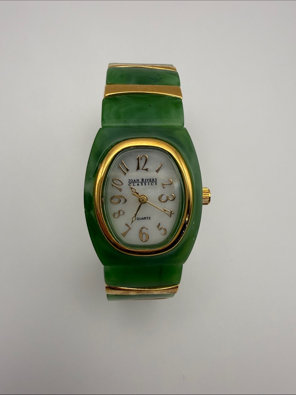Joan Rivers Classics Green Faux Jade Stretch Bracelet Watch Gold Tone Quartz